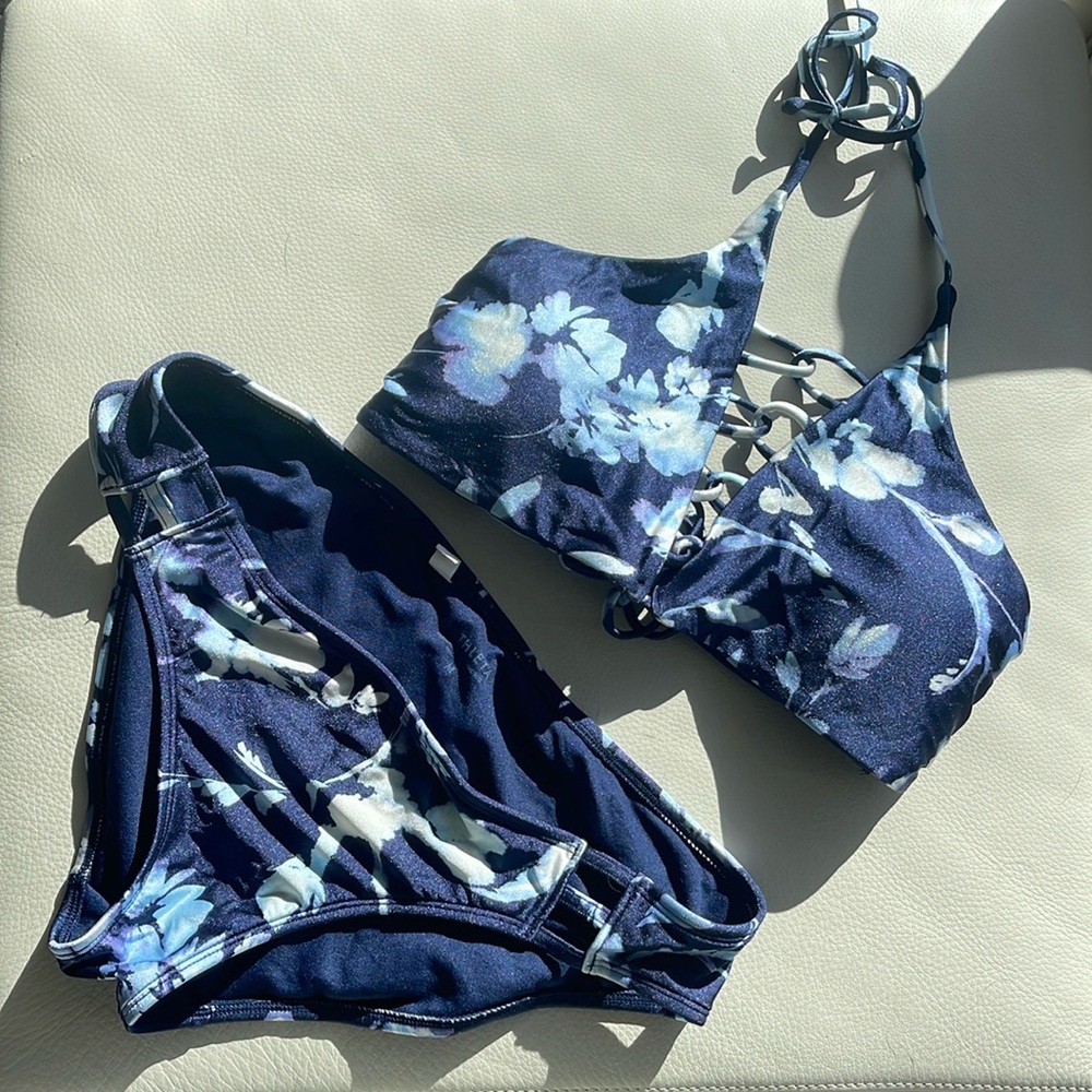 Athleta blue floral halter bikini